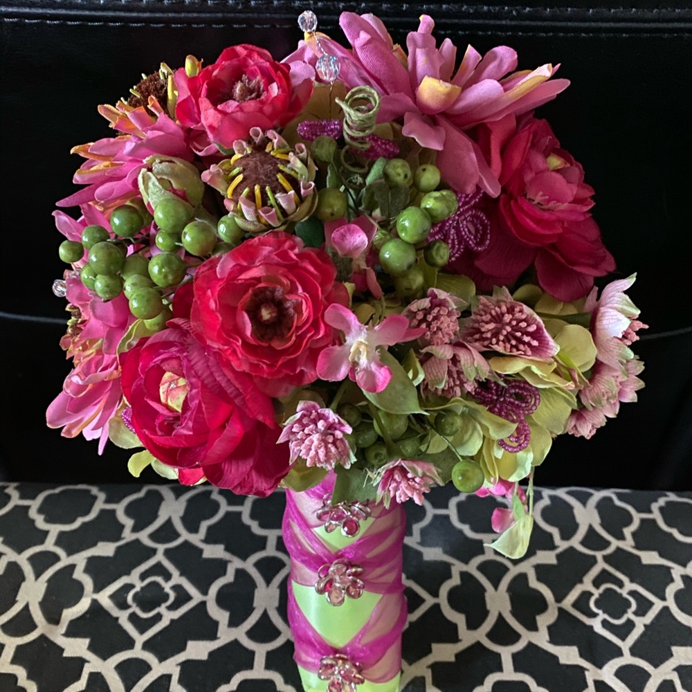 Bright pink/green butterfly luxury faux bouquet